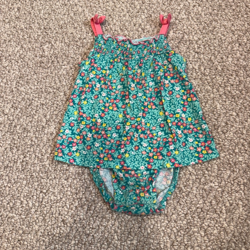 Carters Baby Girl Floral Smocked Sunsuit Dress Romper Teal Pink Size 24 Months